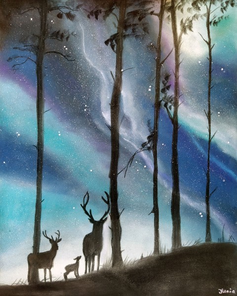 Disegno cervi, caccia, aurora boreale